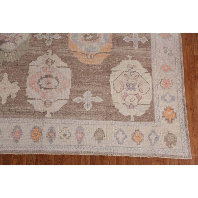 Hand Knotted Oriental 100% Wool Carpet Transitional Geometric Brown Oushak Area Rug - 12' 2'' X 8' 11''
