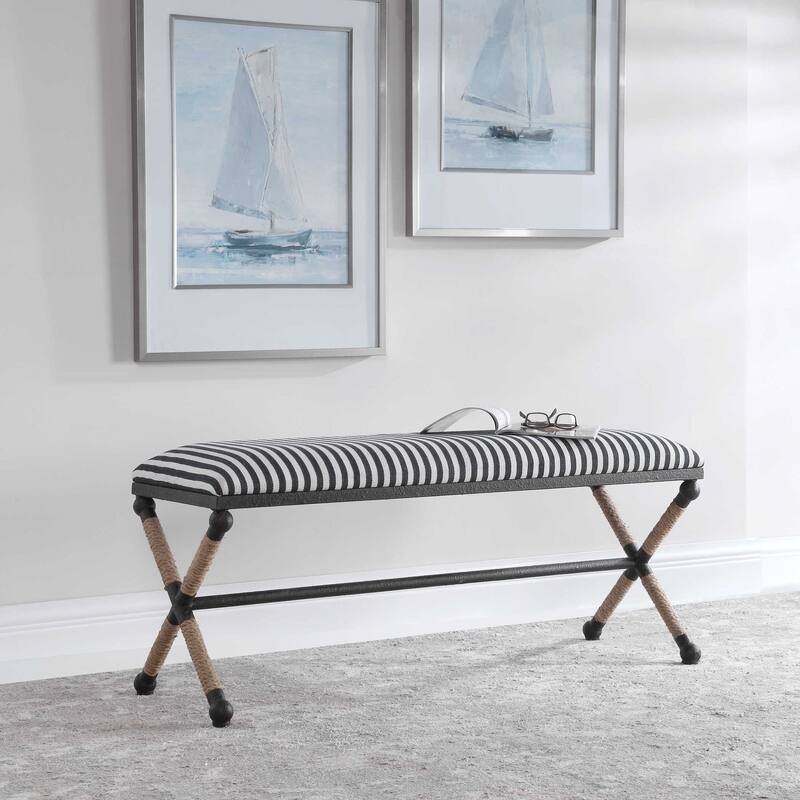 48" Navy Blue and Cream White Striped Upholstered Bench