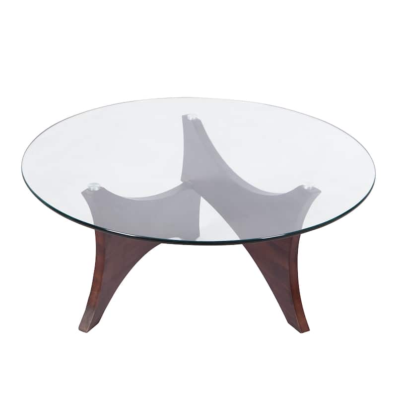 HomeRoots 35" Clear And Brown Glass And Wood Round Coffee Table - 35.43' X '18.11' X '35.43