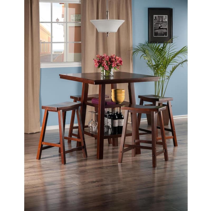 Bohemian Bar Table with 4 Stools - High Dining Set, Walnut Finish, 33.8" Square Table