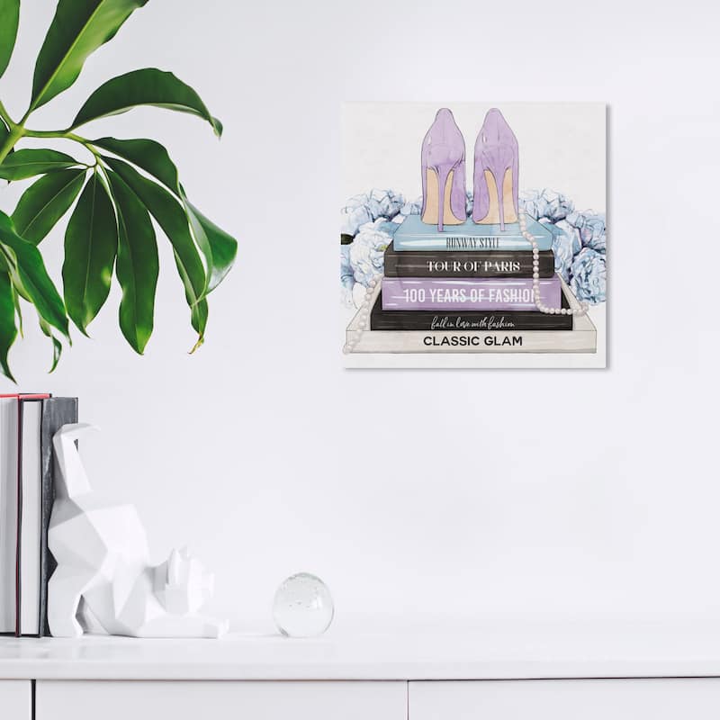 Wynwood Studio Fashion and Glam Lavender Blue Books and Heels Pastel Purple Modern & Contemporary Wall Art Canvas Print - 12 x 12