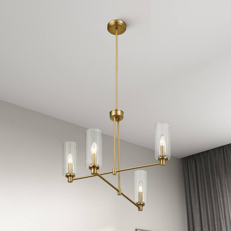 Cort Satin Brass 4-Light Pendant with Ribbed Glass Shades - Clear Ribbed Glass - Clear Ribbed Glass