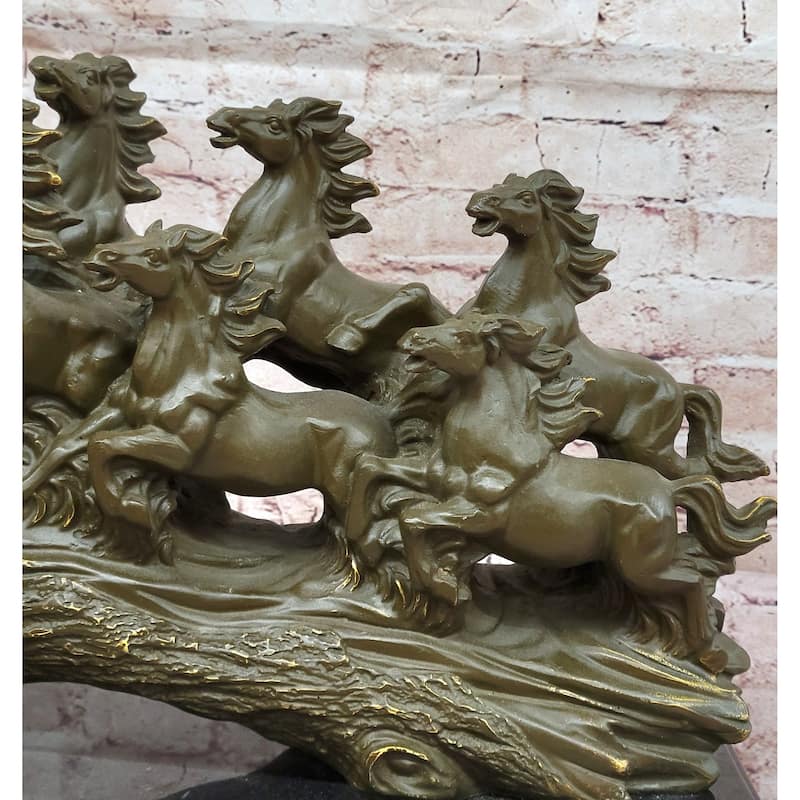 Eight Running Imitative Horses Bronze Sculpture On Marble Base By Milo