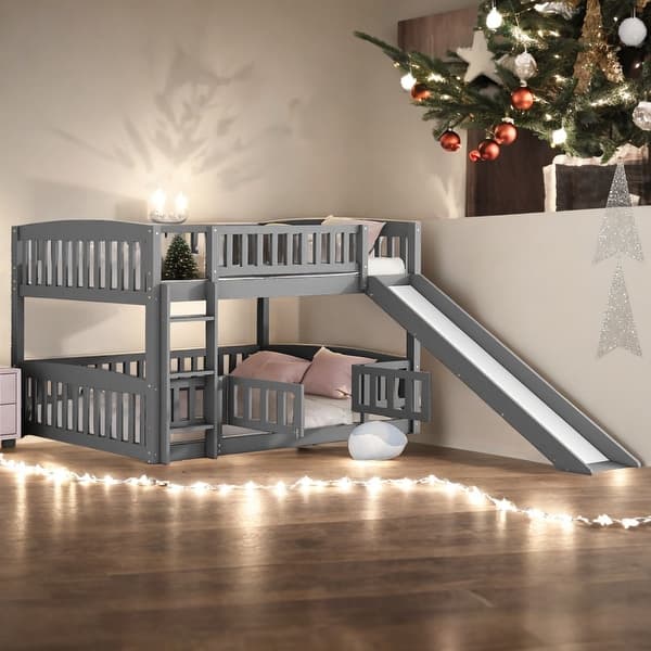 slide 2 of 44, Full over Full Low Bunk Bed With Slide,Fence and Ladder for Bedroom Grey