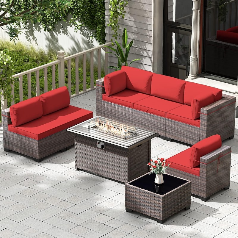 8 Pieces Outdoor Patio Furniture Set, All Weather PE Wicker Sectional Conversion Sofa set w/ Firepit Table