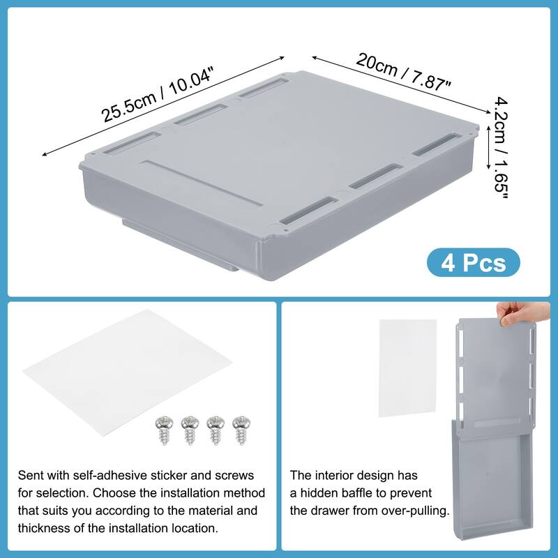 4 Pcs Self-Adhesive Under Desk Drawer for Standing Desk Office, Large - 10.04 x 7.87 x 1.65 inches - Gray