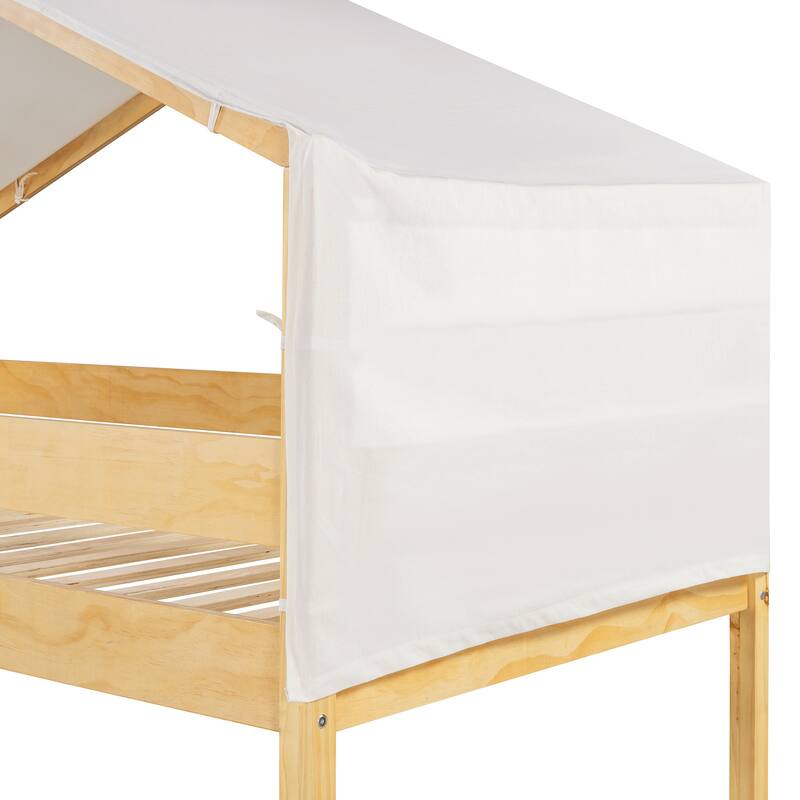 Twin Over Twin Wood Bunk Bed with Play Tent and Espresso Solid Wood, 250lb Capacity, Fun House Design for Kids