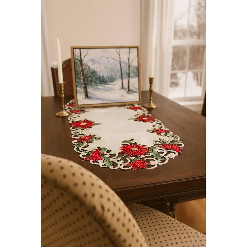 Christmas Poinsettia Embroidered Cutwork Rectangular Table Runner, 15 by 70 inch