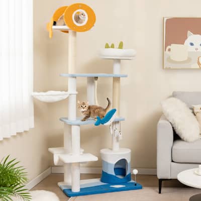 Multi-level Ocean-themed Cat Tree Tower with Sisal Covered Scratching Posts-Blue - 27" x 19" x 66"
