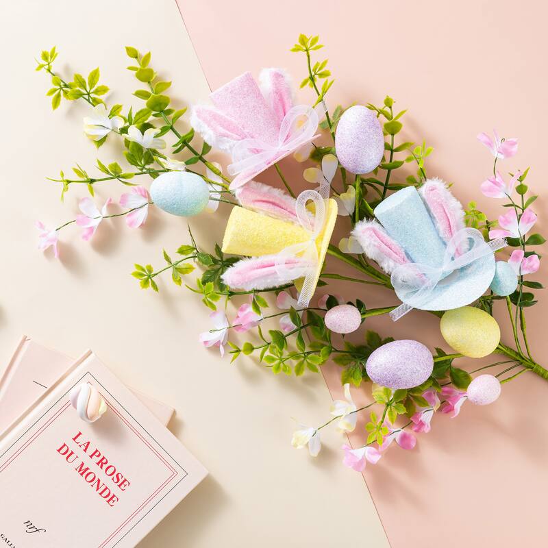 Glitzhome 28"H Set of Two Easter Glitter Egg Bunny Donuts Top Hat Picks