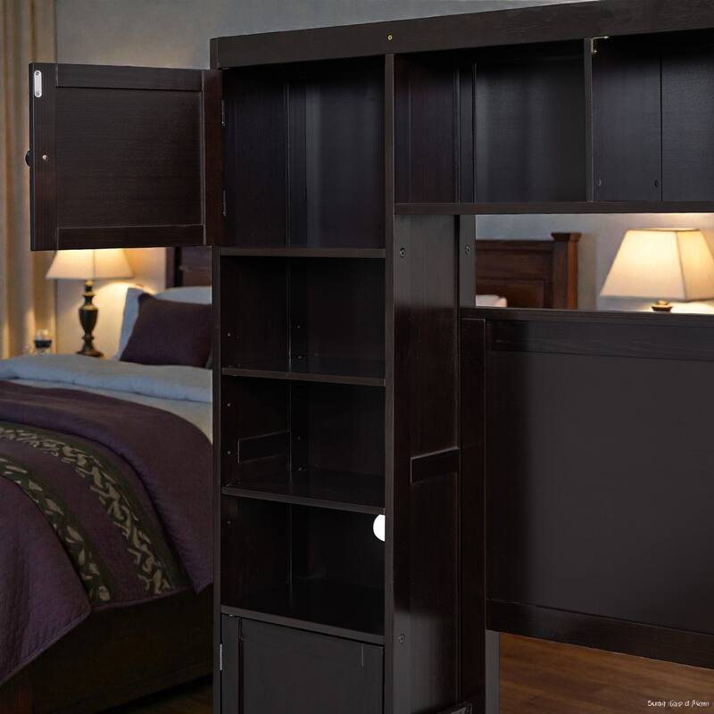 Full Size Wooden Platform Bed with Storage Drawers, All-in-One Cabinet and Shelf Headboard