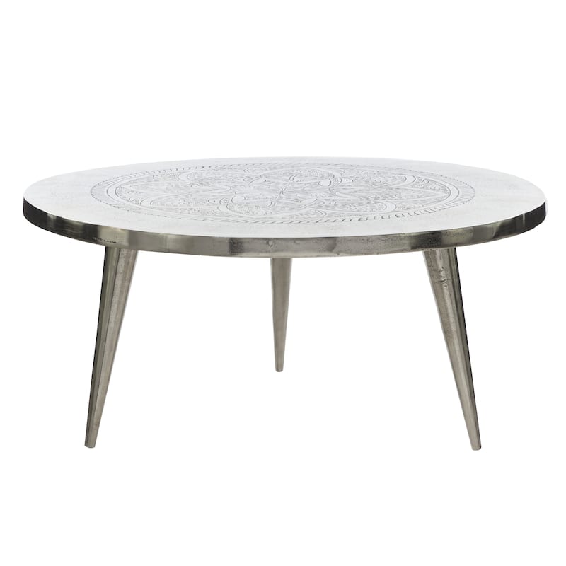Aluminum Metal Floral Engraved Coffee Table with Tripod Legs - Silver - Roche River Decor - 35"Wx35"Lx16"H