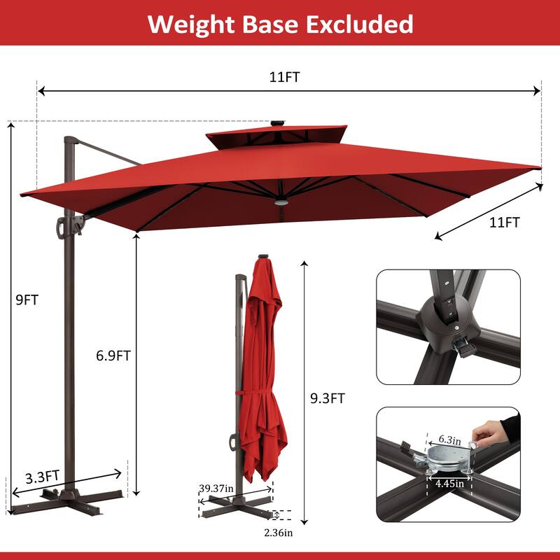 11 FT Square Outdoor Patio Cantilever Umbrella with Solar Lights Double Canopy 360 Rotation Tilt