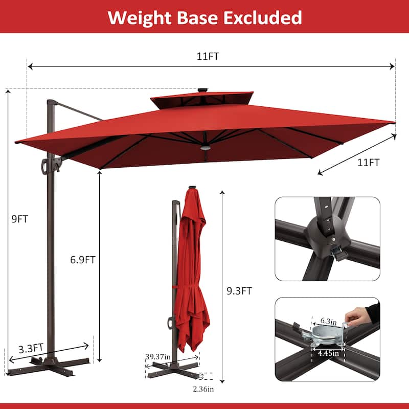 Pellebant 11X11 FT Outdoor Square Cantilever Patio Umbrella Solar LED Lighted