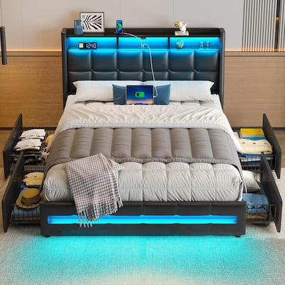 Bed Frame with Upholstered Headboard and 4 Drawers,Plateform Bed with Charging Station and RGB LED Lights