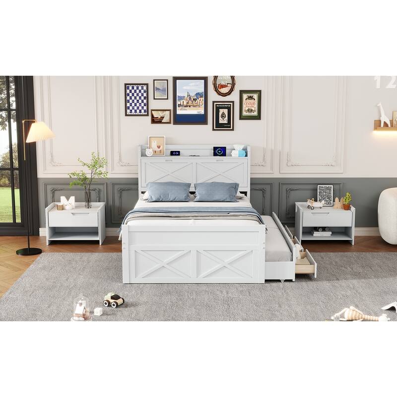 Full Size Wooden Storage Bed with Headboard Outlets, Extendable Trundle and Three Drawers, White