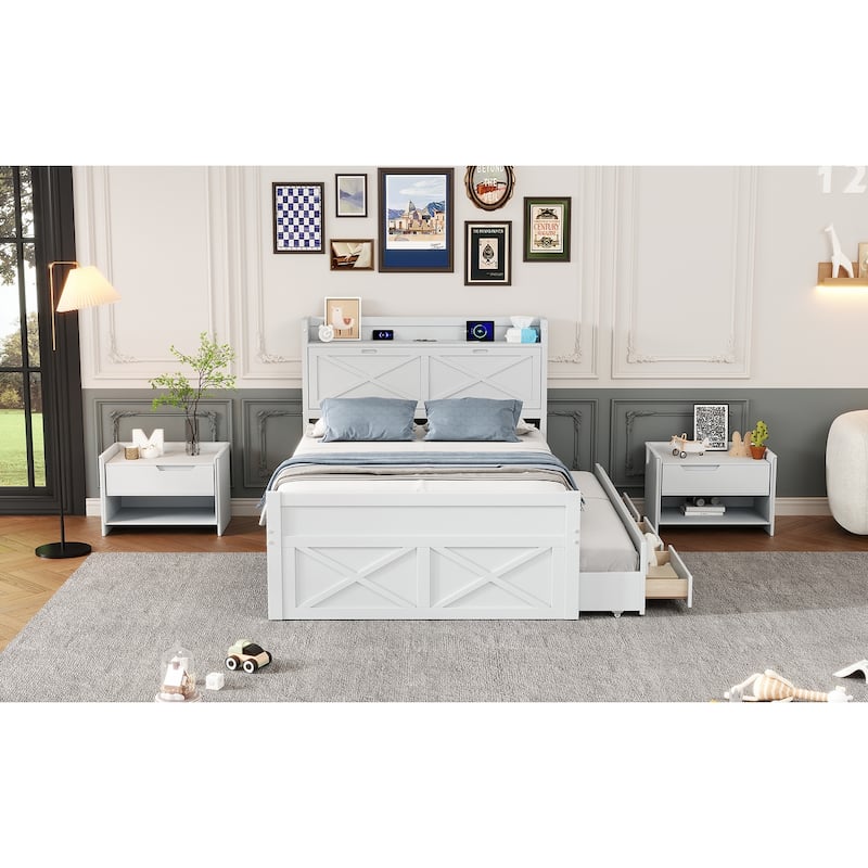 White Full Size Extendable Wooden Platform Bed with Storage Headboard, Three Drawers, and Trundle