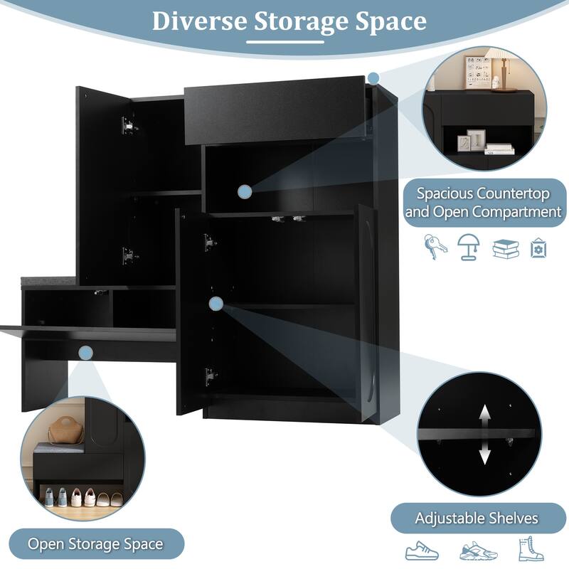 Elegant 2-in-1 Shoe Cabinet with Soft Cushion, Modern Storage Bench with Arched Doors, Black - 51.1" W × 13.7" D × 43.4" H
