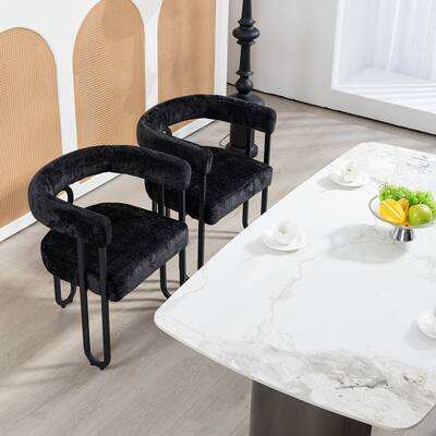 Black Chenille Accent Chair Dining Chair Barrel Side Chairs Armchair Set of 2