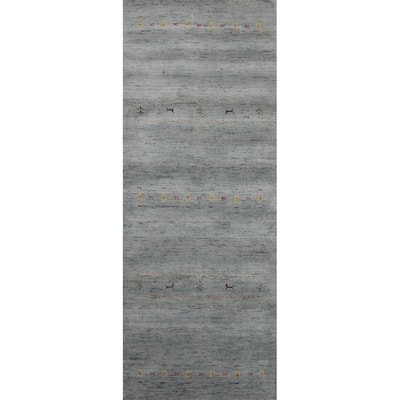 Hand Knotted Oriental 100% Wool Carpet Tribal Animal Pictorial Greys & Charcoal Gabbeh Runner Rug - 8' 0'' X 2' 9''