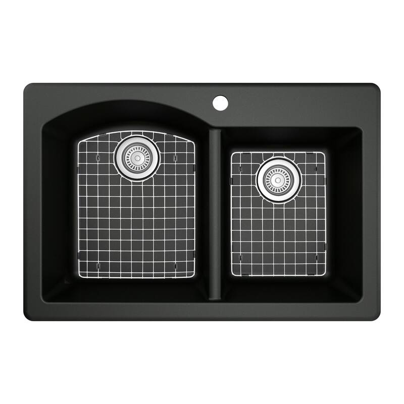 Karran All in One Drop-In Quartz 33 in. Double Bowl 60/40 Kitchen Sink in Black with KKF220 Faucet in Stainless Steel