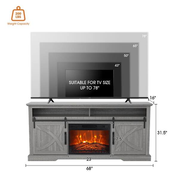 dimension image slide 0 of 2, 68" Farmhouse Sliding Barn Door Fireplace TV Stands Console Table with 23" Electric Fireplace