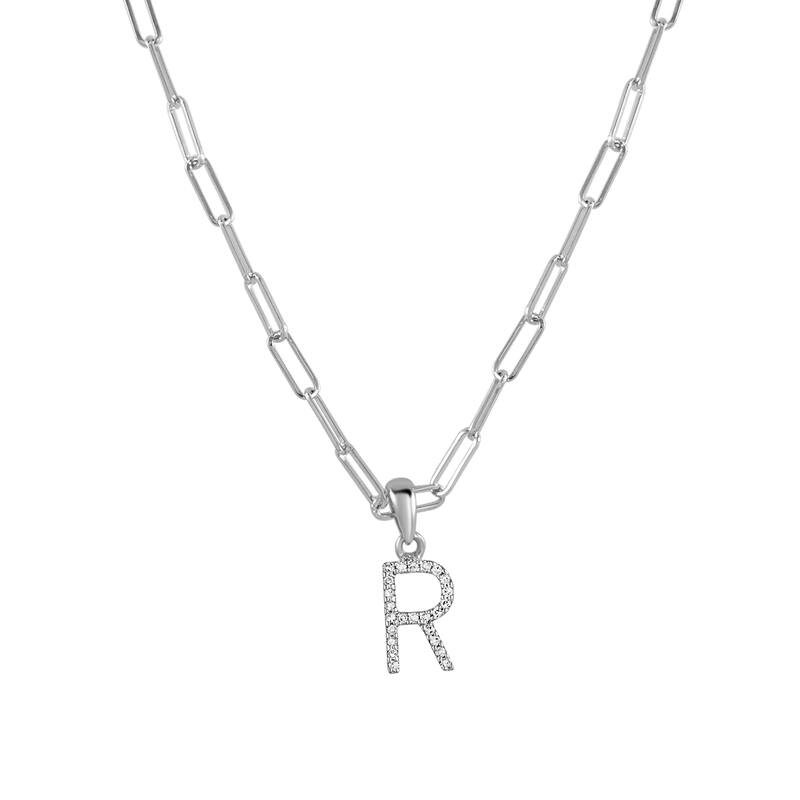 Joelle Collection Diamond Initial Letter Necklace Paperclip 14K Gold 16-inch Chain 1/10 TDW Necklace - R - White