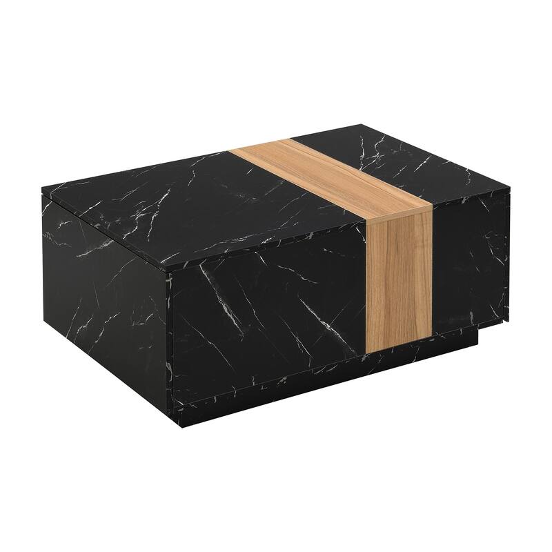 Modern 35.4 x 23.6 Inch Two-tone Coffee Table with Faux Marble and Walnut Wood Grain Finish - Black