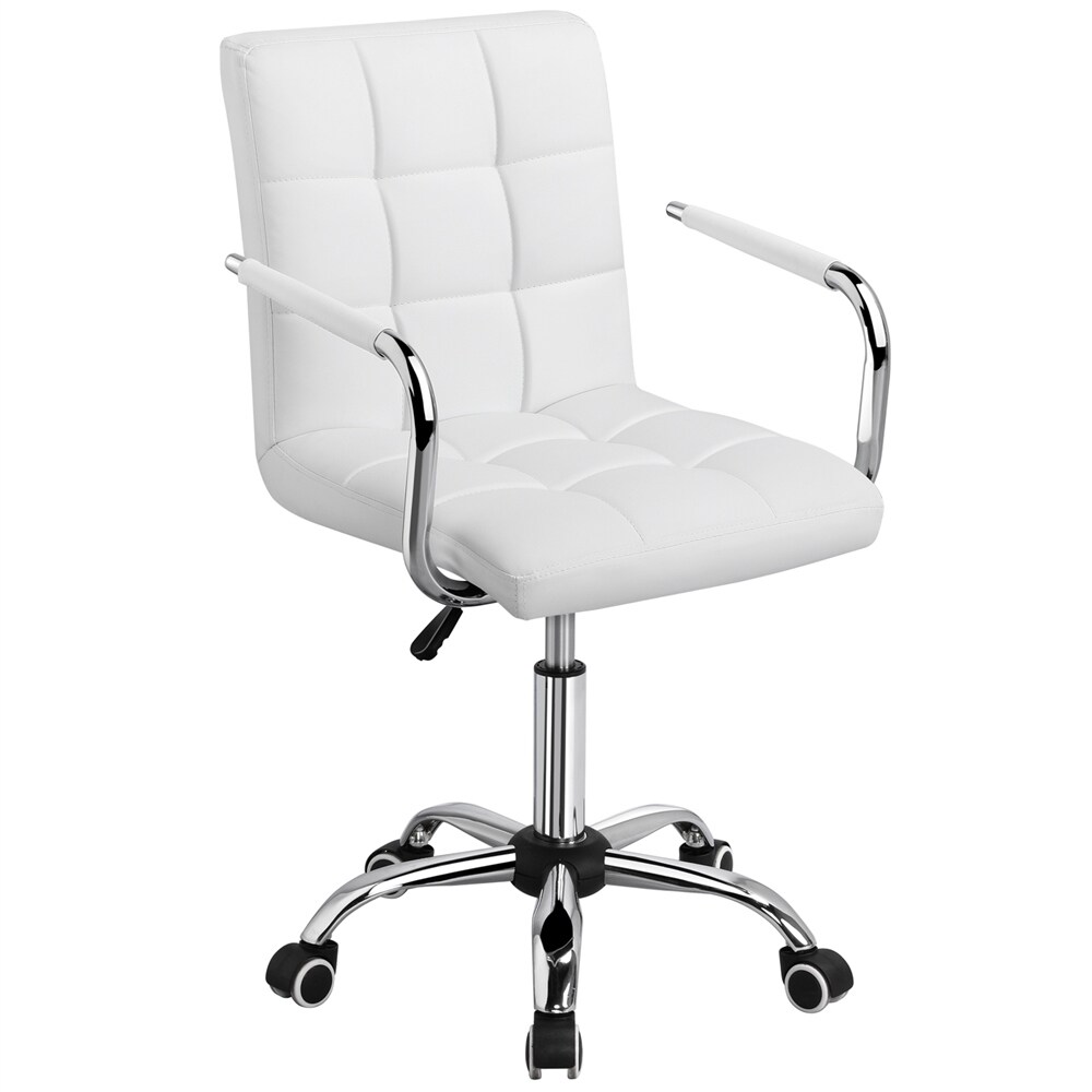 Yaheetech adjustable task chair pu leather low back sales ribbed armless swivel white desk chair office chair wheels