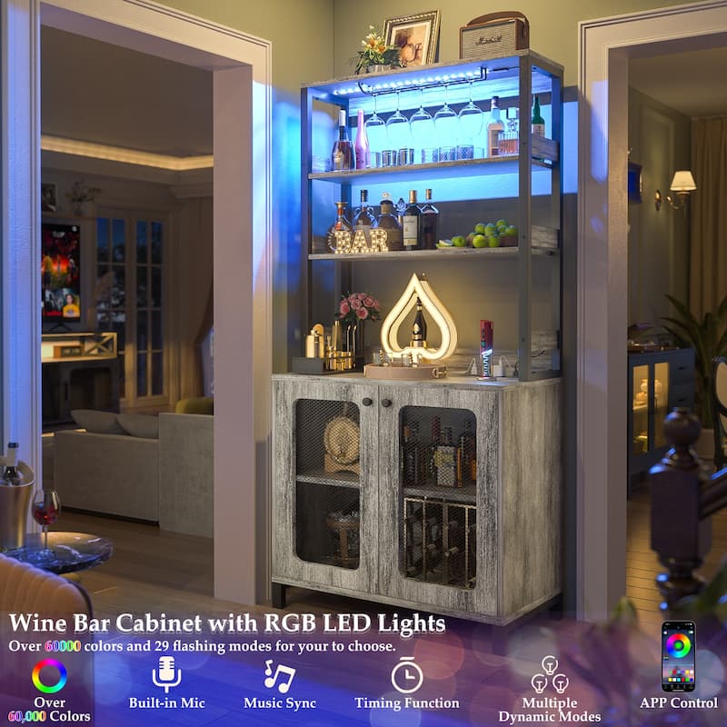 66.9'' Tall Modern Wine Cabinet Bar Cabinet with Wine Glasses Rack and LED Strip and Power Outlets