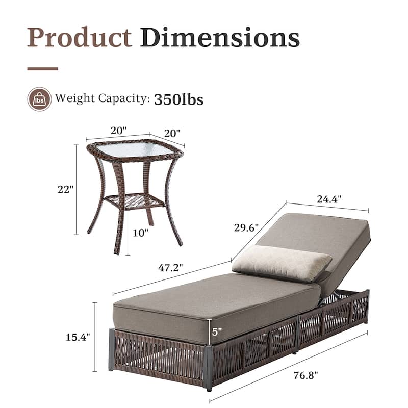 Gymojoy Outdoor Patio Chaise Lounge Chair, Luxury Recliner with 6-Position Backrest & 5-Inch Cushions Set of 2 with Side Table