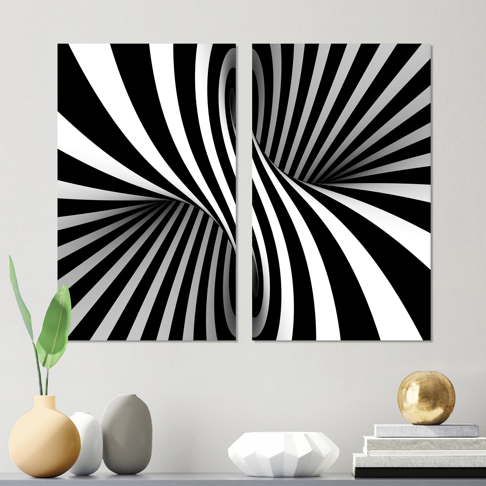 Designart 'Black and White Spiral' Abstract Canvas Wall Art Print 2 Piece Set