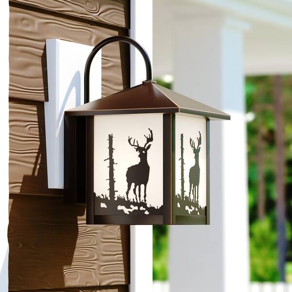 slide 2 of 12, VAXCEL Bryce 12.5 in. H 1-Light Burnished Bronze Rustic Deer Outdoor Wall Sconce, Steel, White Tiffany Glass Shade Burnished Bronze - 8-in W x 12.5-in H x 9-in D