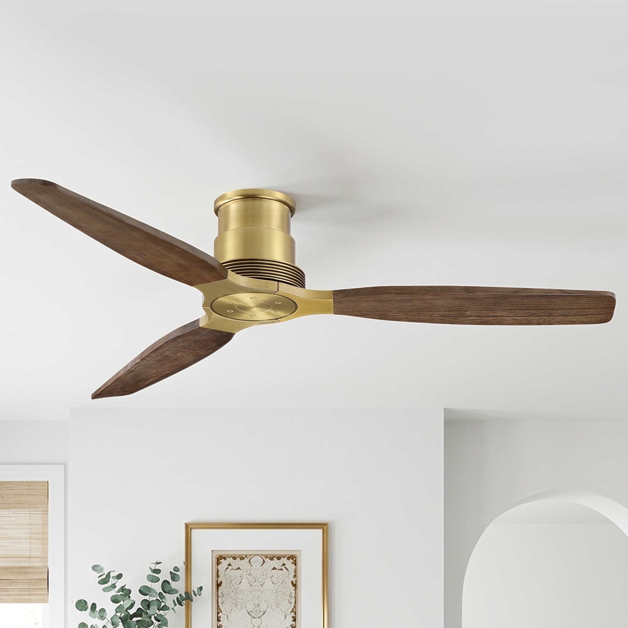 56 Inch Vintage Brass Modern Wood Blade Low Profile DC Ceiling Fan with Remote Control