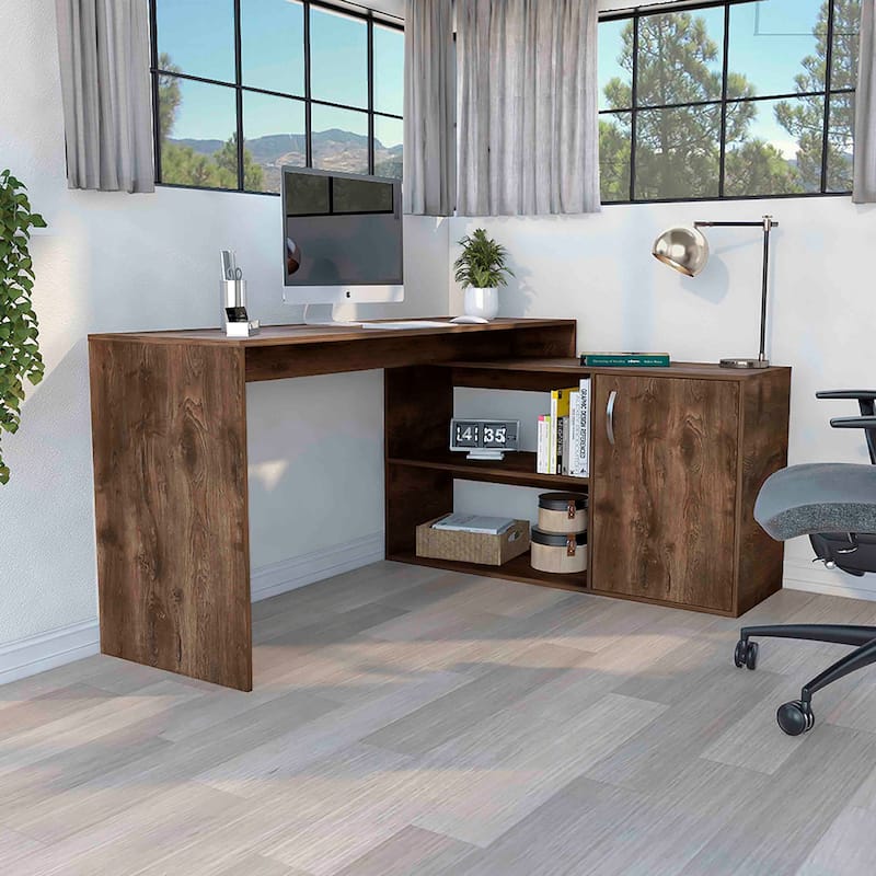 Modern L-Shaped Computer Desk with Open & Closed Storage - Brown