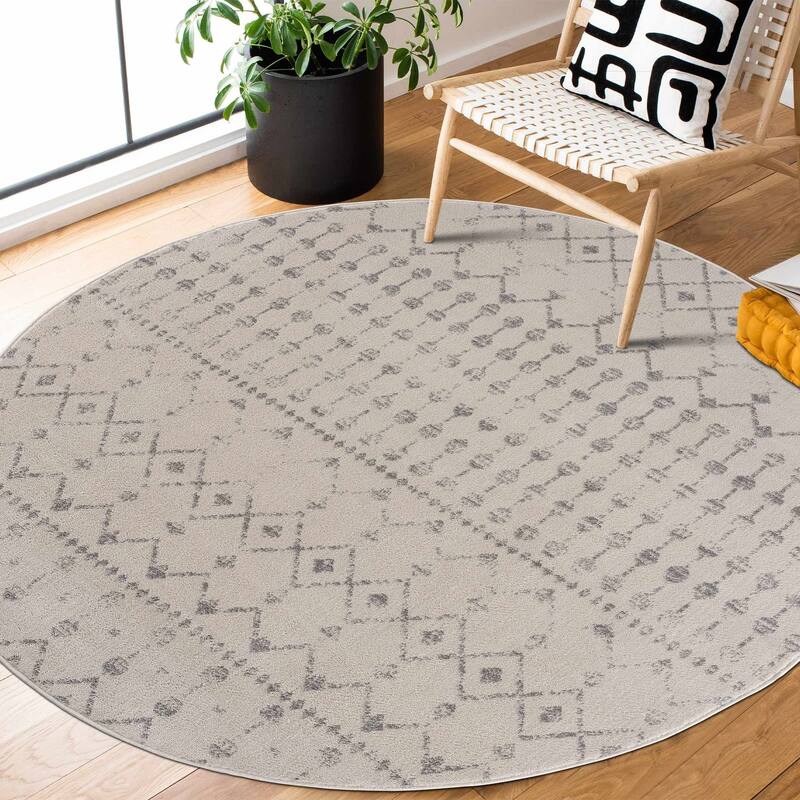Tigris Tanu Moroccan Trellis Farmhouse Boho Area Rug - 6'7" Round - Cream, Beige, Grey, Ivory