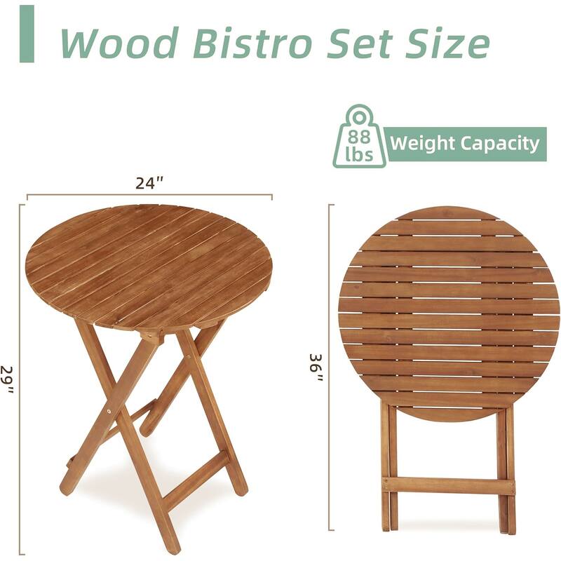 Acacia Wood Bistro Set with 2 Folding Chairs & Round Table, 3-Piece