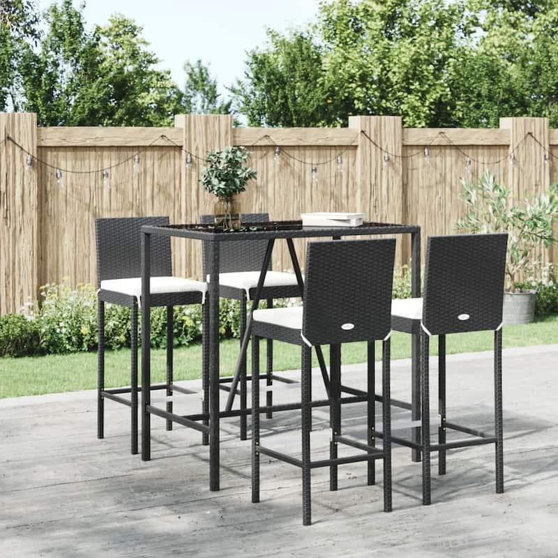 vidaXL 5 Piece Patio Bar Set with Cushions Black Poly Rattan - 15.7" x 17.3" x 42.5" - Black5 Piece