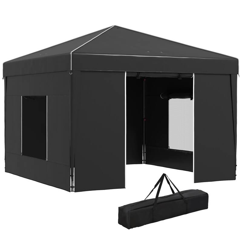 Portable 9.7'x9.7' Pop Up Canopy Tent with Sidewalls, Mesh Windows, Reflective Strips, and Carry Bag for Outdoor Events - Black