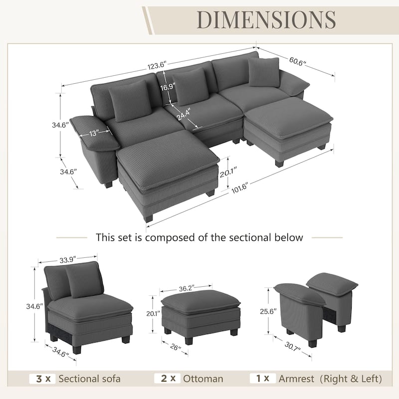MAISON ARTS Modular Cloud Sectional Sofa, Comfy L- or U-Shaped Couch with Ottomans & Pillows, 4–6 Seat Living Room Sofa