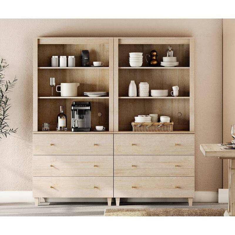 Modern 71" Tall Pantry Cabinet with Drawers & Adjustable Shelf for Kitchen - 6 Drawers - Natural Oak