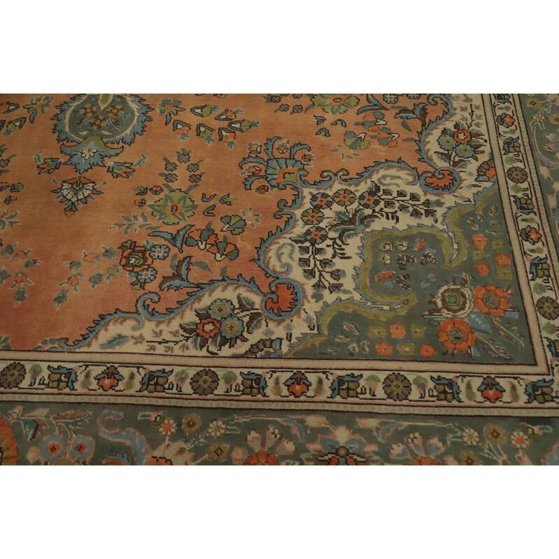 Hand Knotted Oriental 100% Wool Carpet Traditional Floral Oranges & Rust Tabriz Area Rug - 12' 7'' X 9' 6''