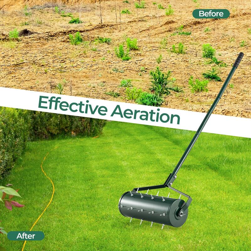 Manual Lawn Aerator Roller with Spiked Drum and Ergonomic Handle Fillable Steel Design