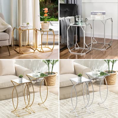 Glitzhome Set of 2 Glam Glass Modern Square/Octagon Gold/Silver Side Table Sofa Table