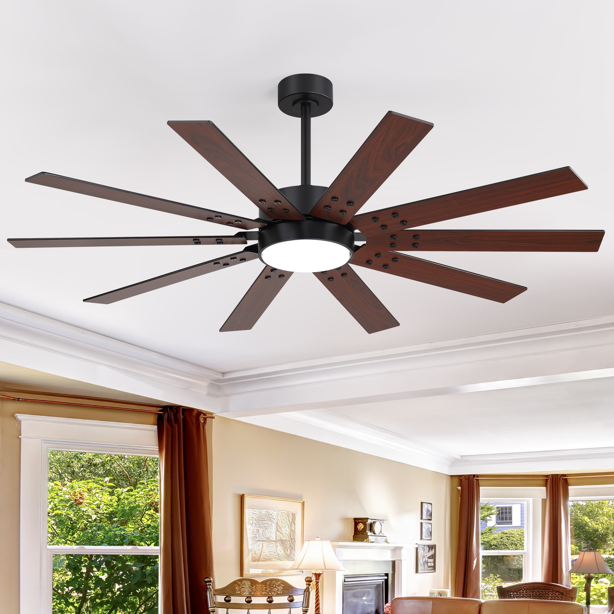 60-Inch LED Ceiling Fan with Light, DC Motor, Remote Control, 6 Speeds, Reversible Walnut/Black Blades, Downrod Mount