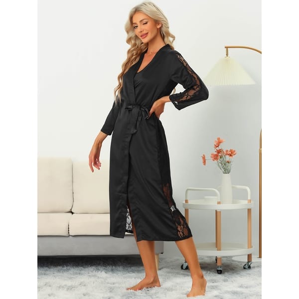 Womens Satin Robe Lace Trim Long Sleeve Dressing Gown Bathrobe Bridesmaid  Wedding Bride Robe - Bed Bath & Beyond - 41323984