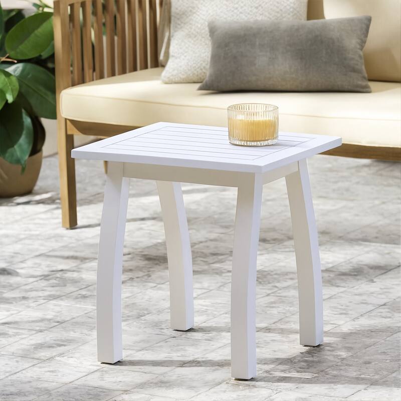 Roomfitters SELMA Acacia Wood Accent Side Table, Weather-Resistant Rectangular Patio End Table with Curved Legs, White PU