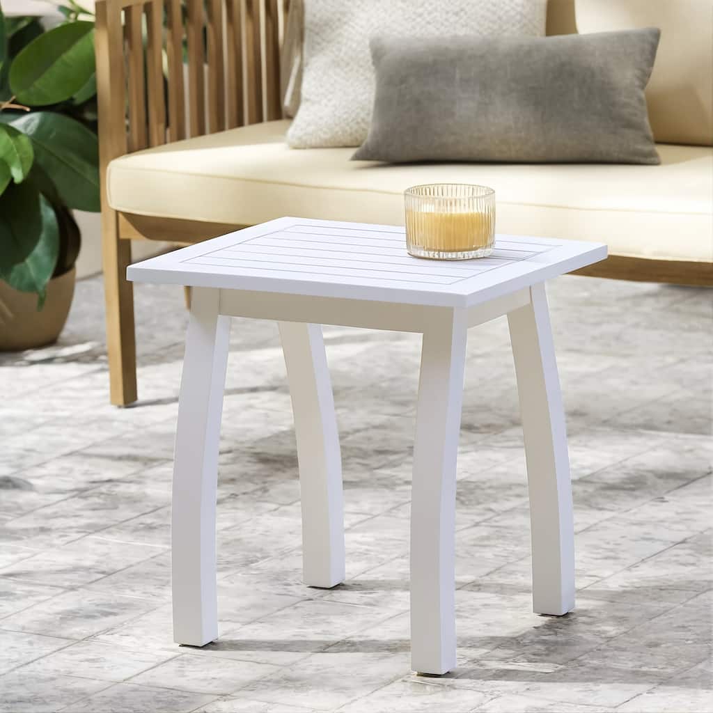 Roomfitters SELMA Acacia Wood Accent Side Table, Weather-Resistant Rectangular Patio End Table with Curved Legs, White PU