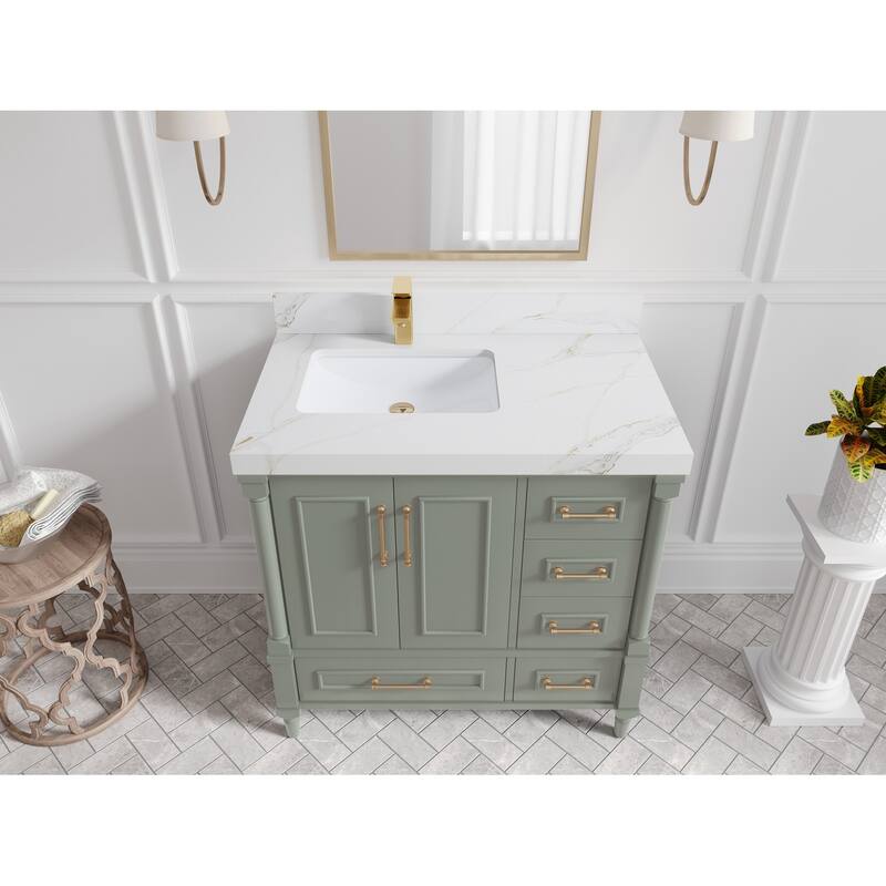 Willow Collections 36 in. W x 22 in. D Aberdeen Left Offset Sink Bathroom Vanity with Countertop - 2" Calacatta Sienna - Evergreen