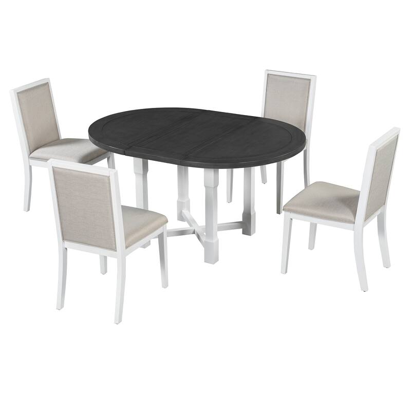 Farmhouse Extendable Dining Table Set Upholstered Chair 5-piece